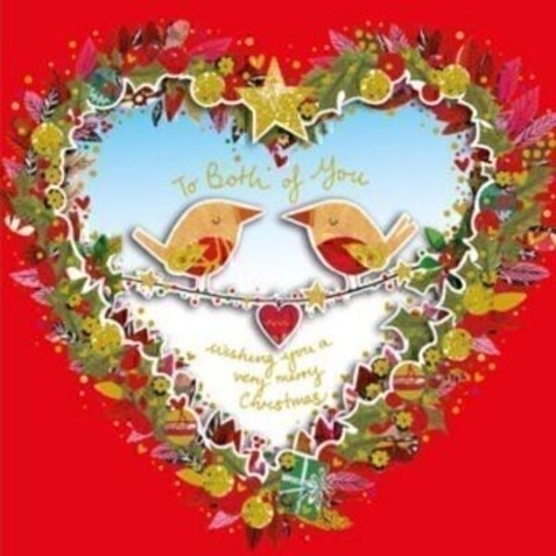 Handmade Christmas Card to Both of you Robins in a Heart by Paper Rose. Luxury handmade Christmas Card. Heart shaped aperture with 2 robins on a garland. 'To both of you, wishing you a very merry Christmas' on the front. 'Wishing you both a very merry 